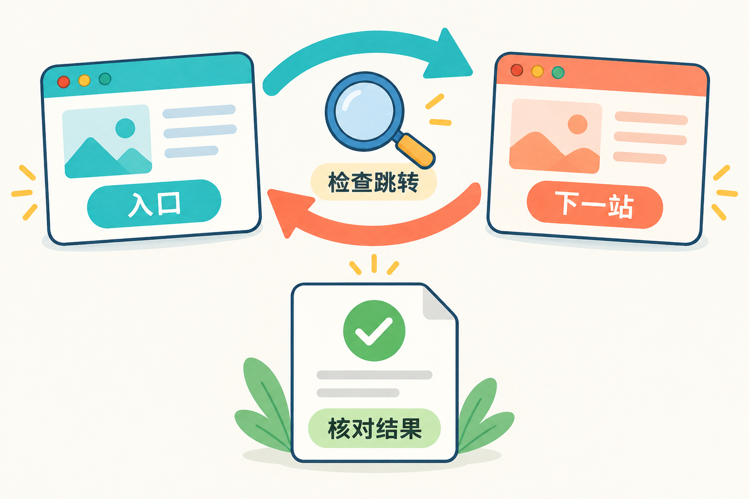 两个网页地址反复跳转后停下检查链条的示意
