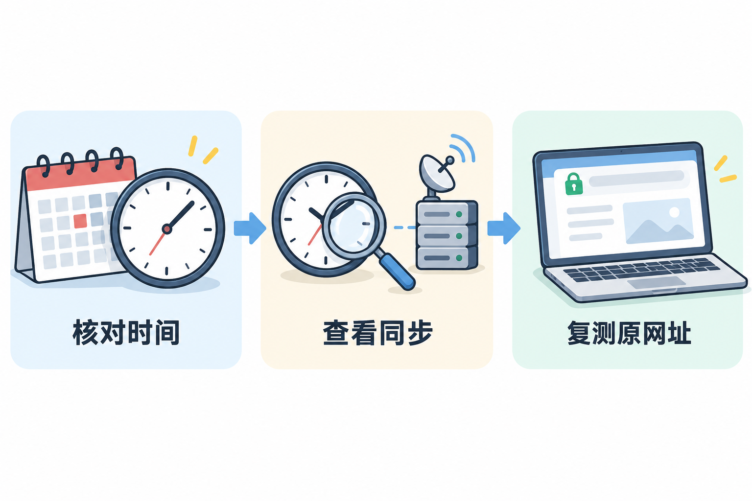 日期和时间检查、时间同步检查、原 HTTPS 连接复测的三步示意