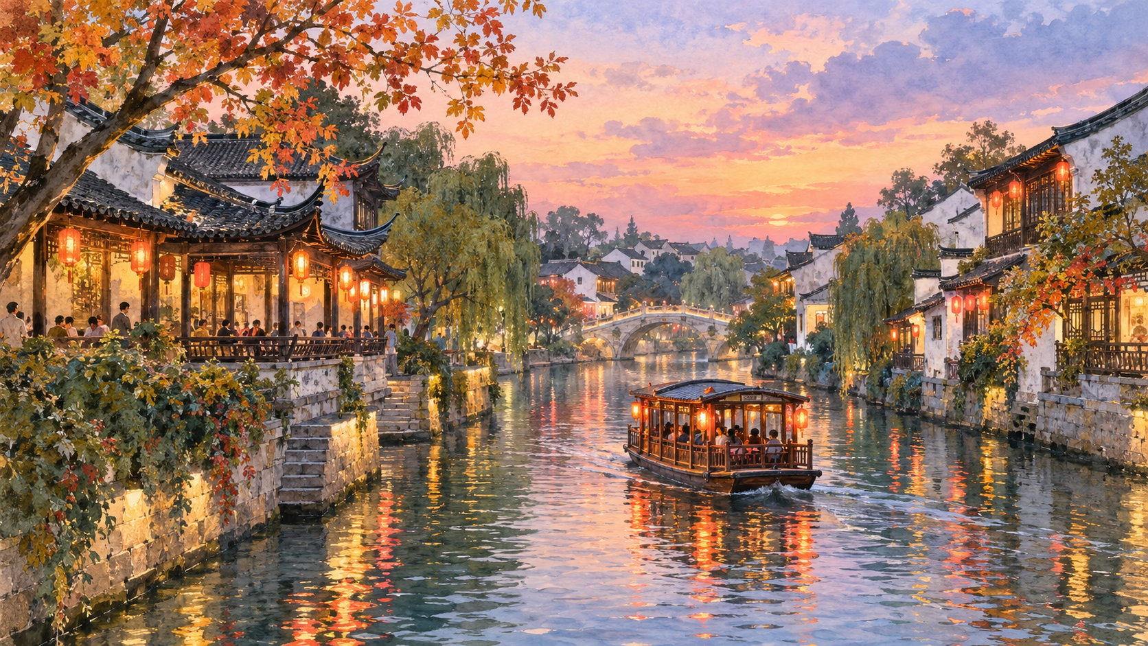 南京秦淮河水彩风景插画