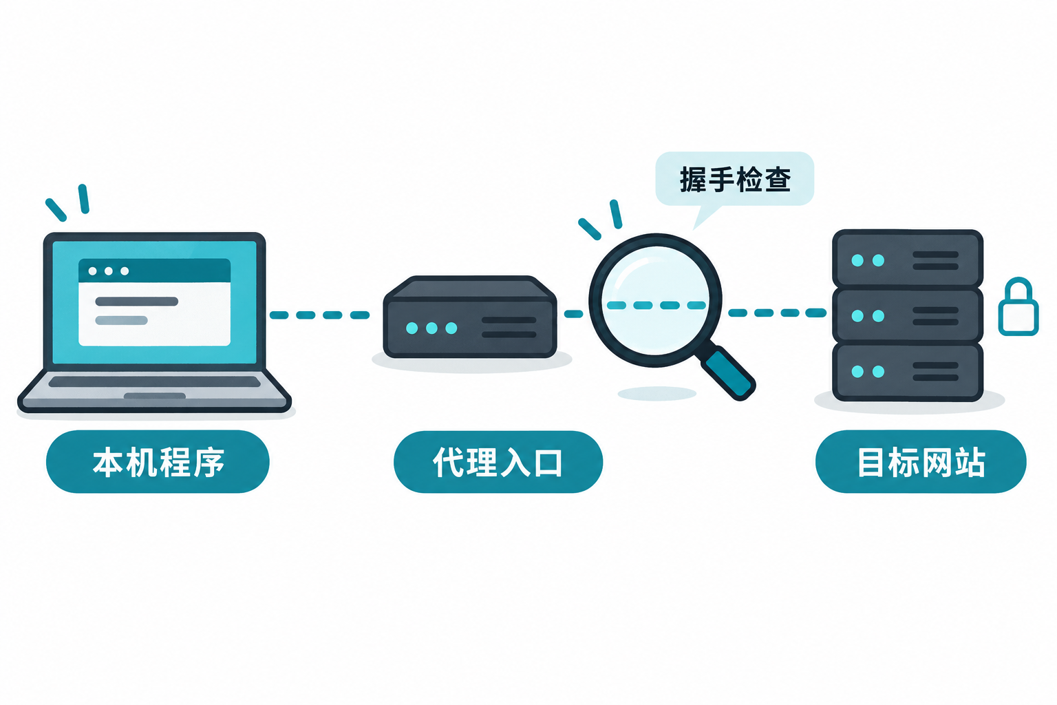 设备经代理连接目标网站时逐段核对 TLS 握手对象的示意